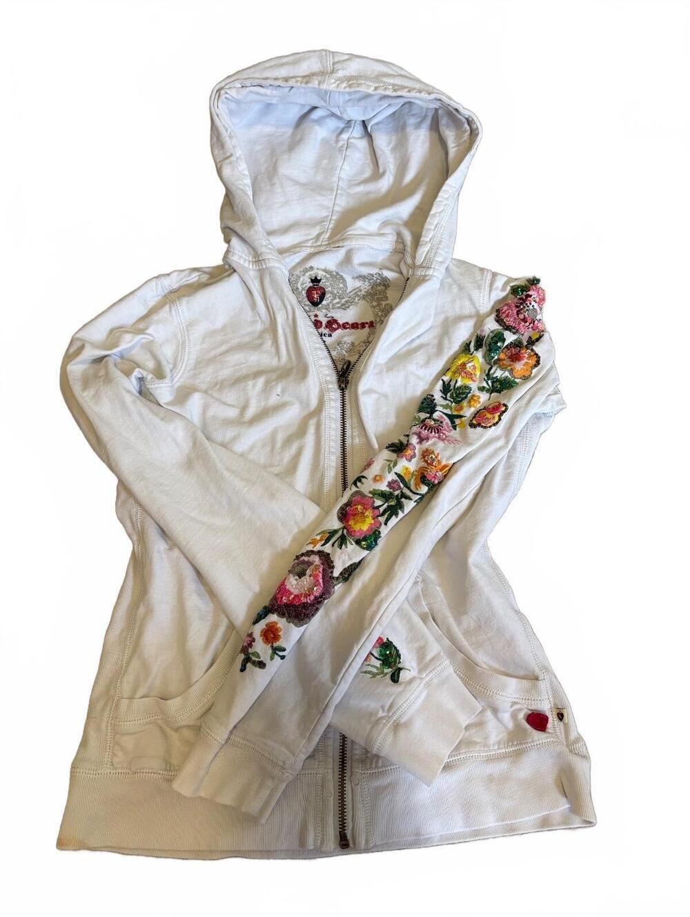 VTG Y2K Twisted Heart White Full-Zip Hoodie Floral Embroidered Sequin Women's M